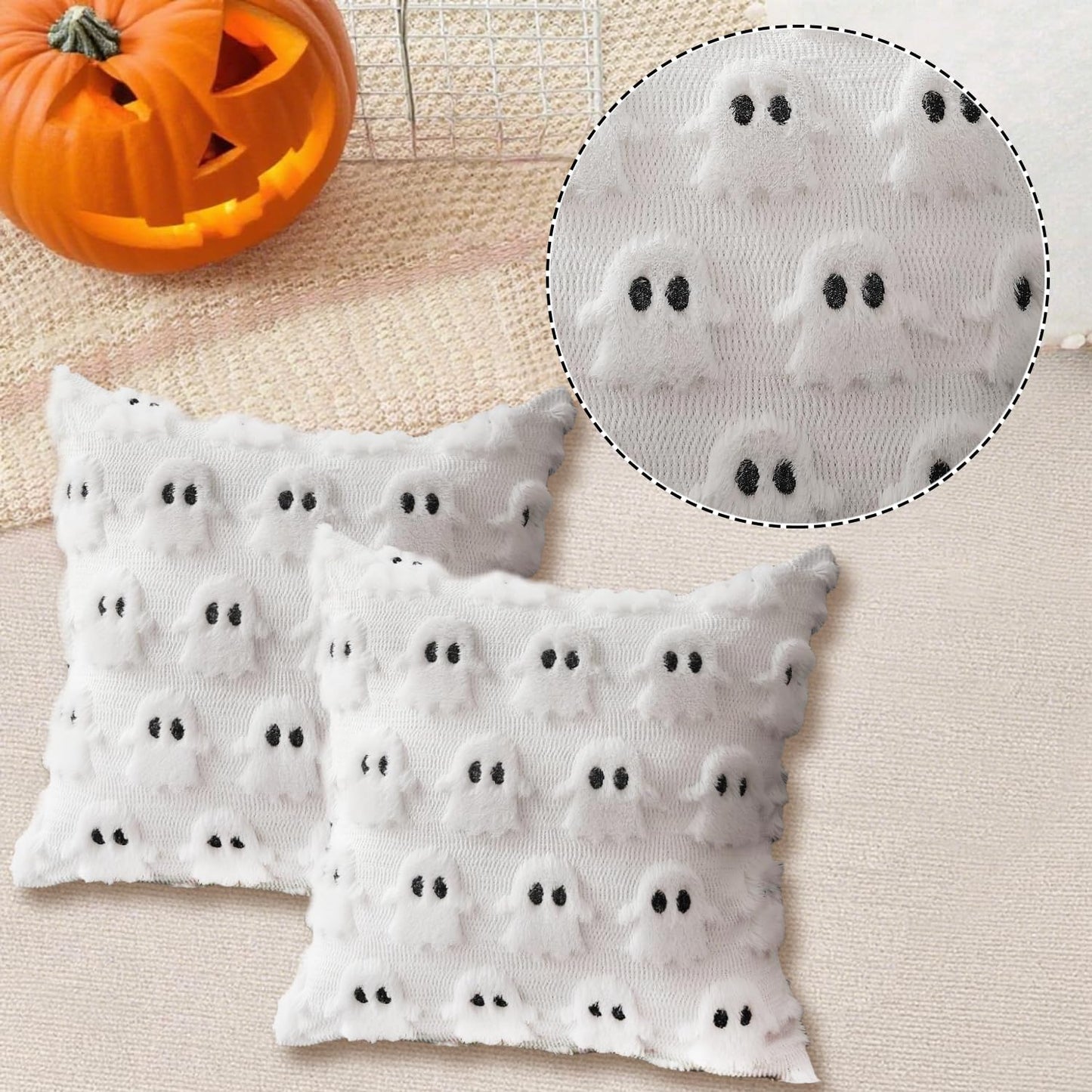 4 Pcs Halloween Throw Pillow Covers 18x18, Soft Faux Fur Pillow Cases Decorations, Fluffy Plush Accent Couch Cushion Case for Halloween Chair Sofa Bedroom Living Room Home Decor(Ghost B)