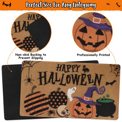 Happy Halloween Jack O'Lantern Doormat Spooky Indoor Outdoor Home Front Porch Rugs Witches Hat Brewing Carpet Gift Fall October Entrance Ornament Supplies 17 x 30 Inches