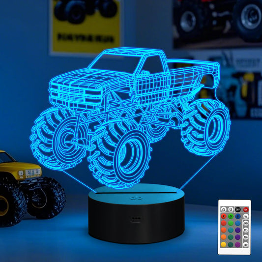 3D Night Lights for Children, Kids Night Lamp, Monster Trucks for Boys, 16 LED Colors Changing Lighting, Car Shape Acrylic Lighting Table Desk Bedroom Decoration, Ideas Birthday Xmas