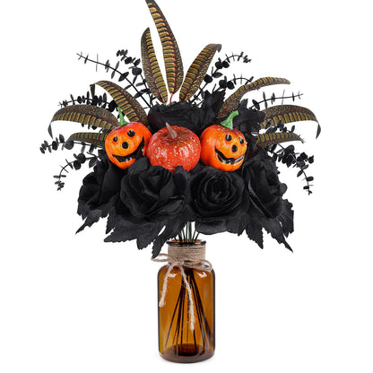 Bessol Halloween Artificial Flowers Decorations,Fake Black Roses Eucalyptus Pumpkins with Vase Arrangements Halloween Table Centerpiece for Kitchen Dining Living Room Home Indoor Decor