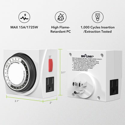 BN-LINK Heavy Duty Mechanical 24 Hour Timer Dual Outlet 3-Prong Accurate Indoor for Lamps Fans Christmas Lights White AC 1875W 1/2 HP, ETL Listed