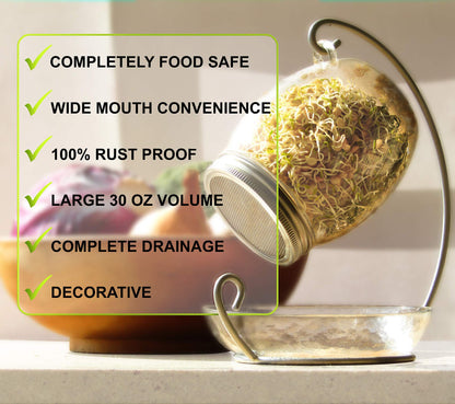 ALCEDIA Premium Sprouting Jar Kit - Unique 30 oz Wide Mouth Sprouting Jar, Stand, Tray and 316 Stainless Screen Lid | Decorative Indoor Seed Sprouter and Germinator (1 Kit)