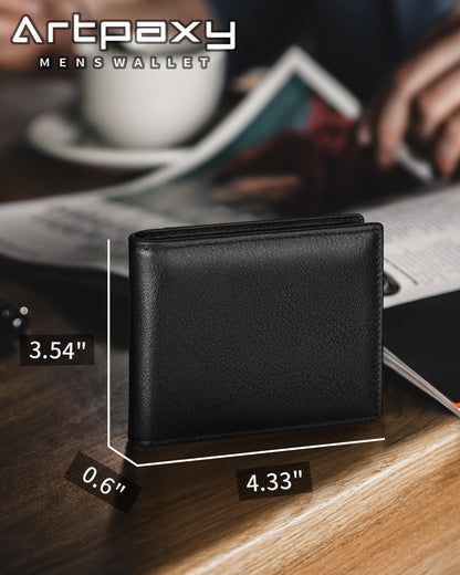 Artpaxy Mens Wallet Genuine Leather Bifold RFID Blocking Wallet for Men with 1 ID Window 13 Card Holders 2 cash pockets 1 Gift Box