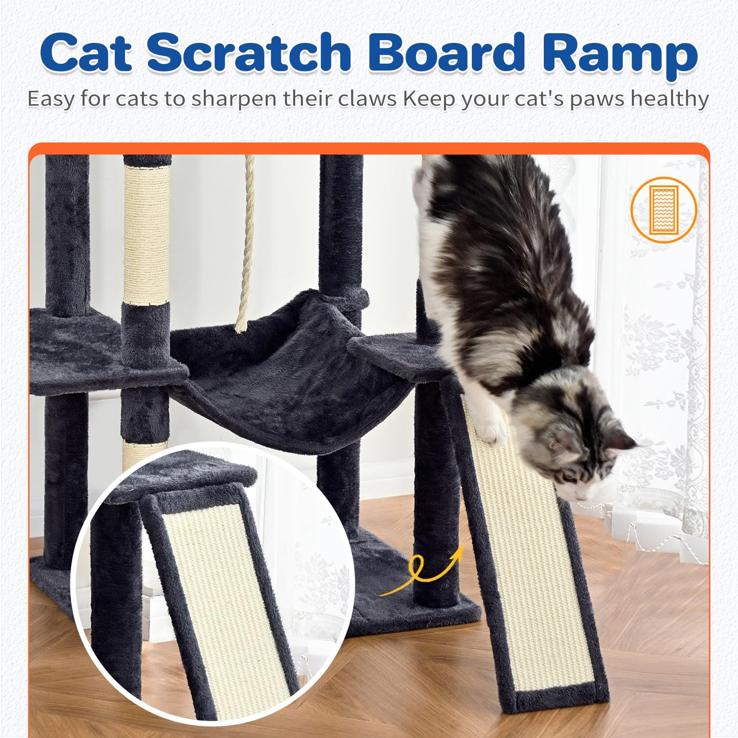 ABCPET Cat Tree Tower 63in Multi-Level Cat Tower for Indoor Cats with Sisal Scratching Posts, Condo, Hammock, Dangling Ball and Extended Platform for Cats to Play, Dark Grey