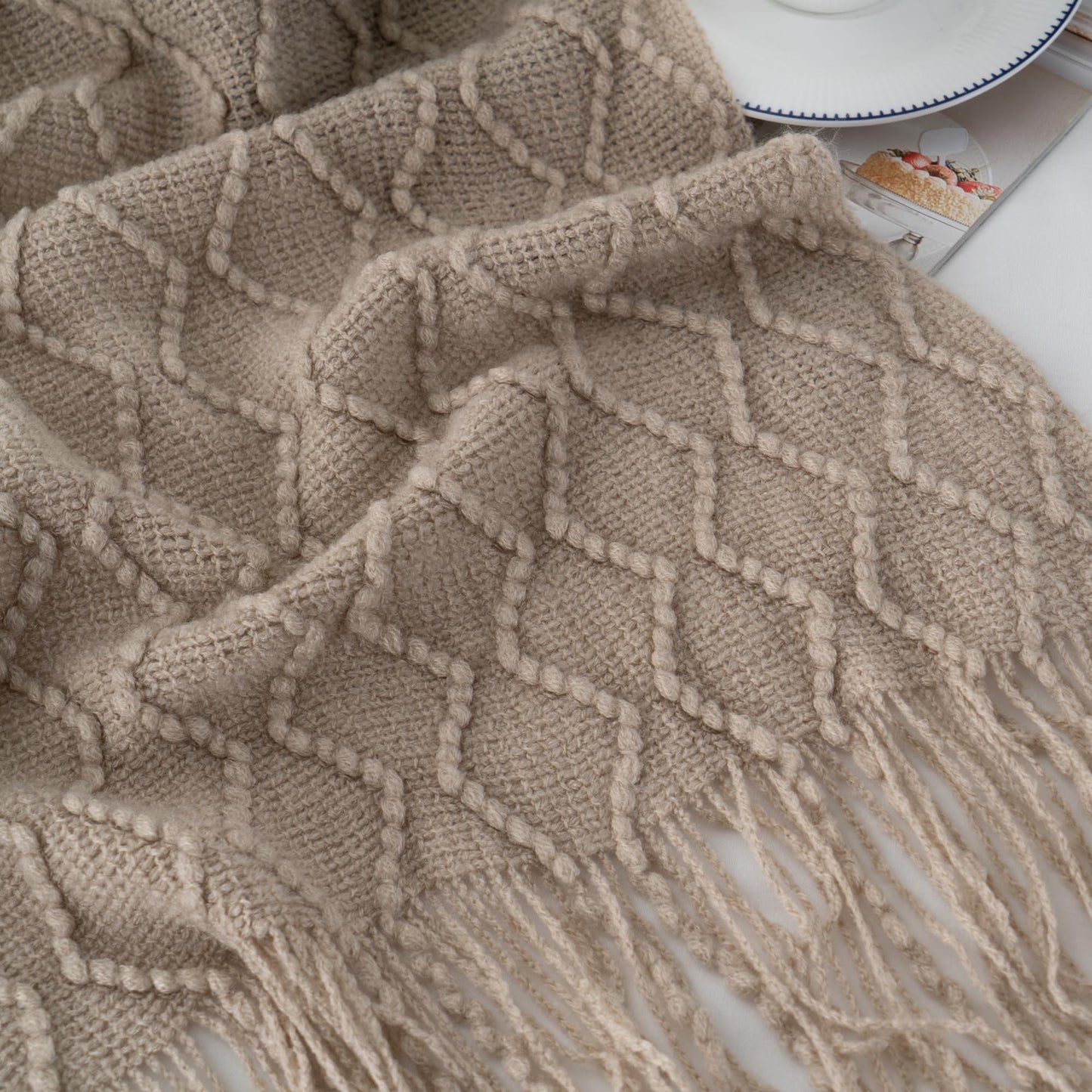 BATTILO HOME Khaki Throw Blankets for Couch, Taupe Lightweight Decorative Blankets and Throws, Boho Warm Knit Blanket for Men and Women, 50"x60"