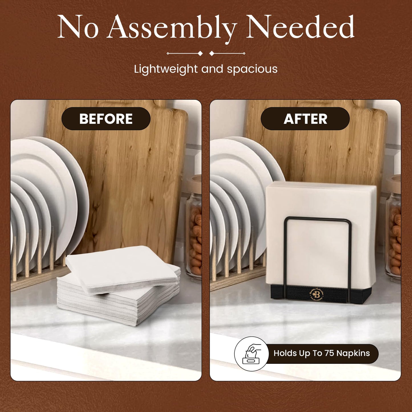 Black Napkin Holder for Table - Modern Napkin Dispenser, Bamboo and Iron Design, Non-Slip, Suitable for Kitchen, Dining, Farmhouse, Cocktail, Picnic, Bar, Outdoor Use - Holds Paper Napkins, Mail, Bill