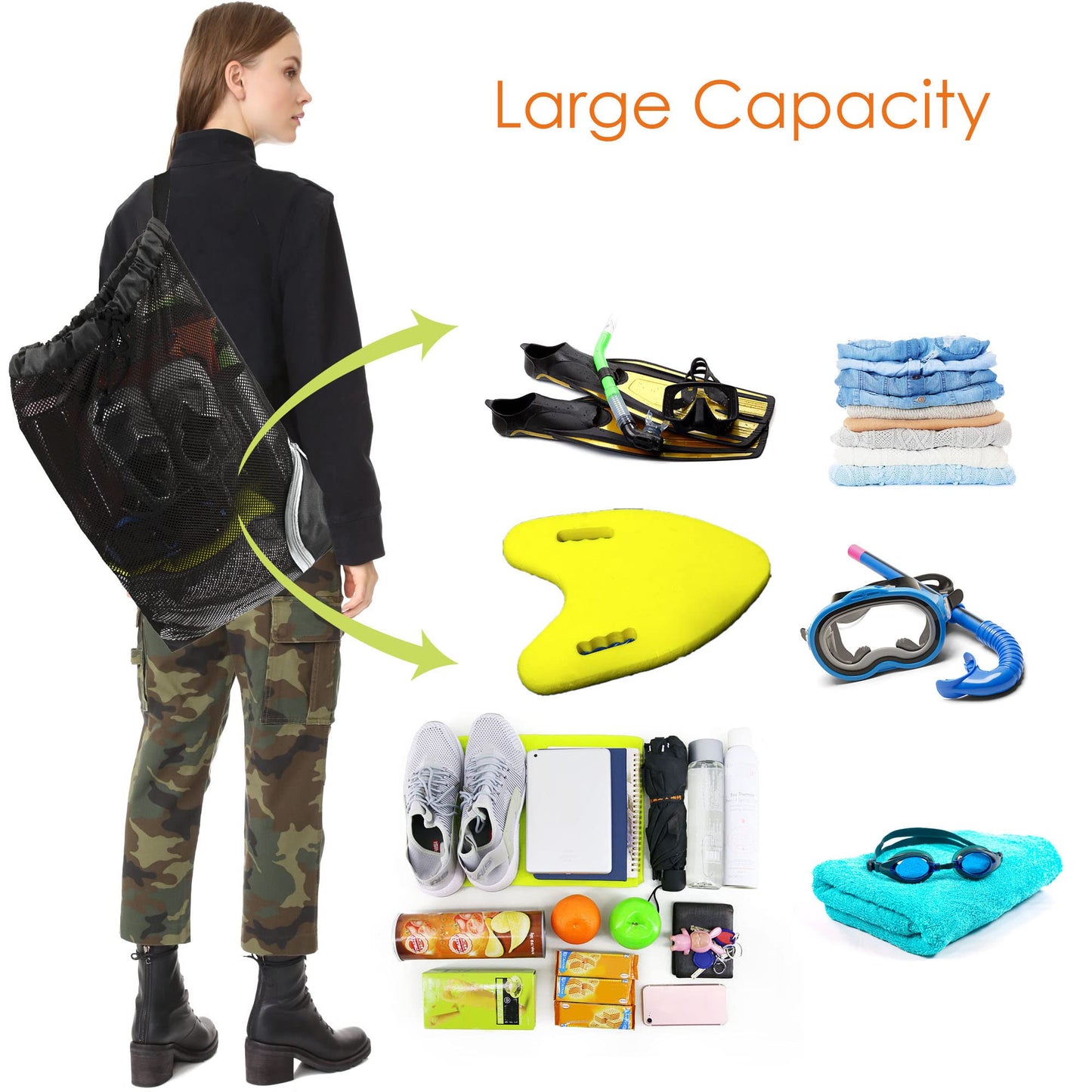 BeeGreen Mesh Drawstring Bag Swim Backpack for Beach Pool Sports Gym Draw String Cinch Bags for Swimming Soccer Basketball Gear Black