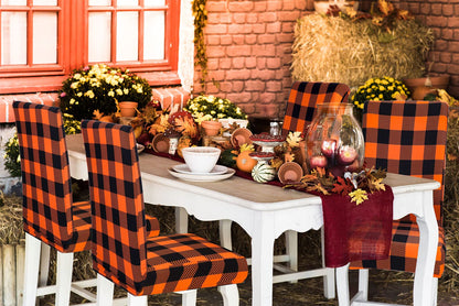 Whaline 4Pcs Fall Chair Slipcovers Orange White Buffalo Check Dining Chair Covers Protector Removable Stretch Elastic Seat Covers for Thanksgiving Party Kitchen Home Hotel Restaurant Ceremony Decor