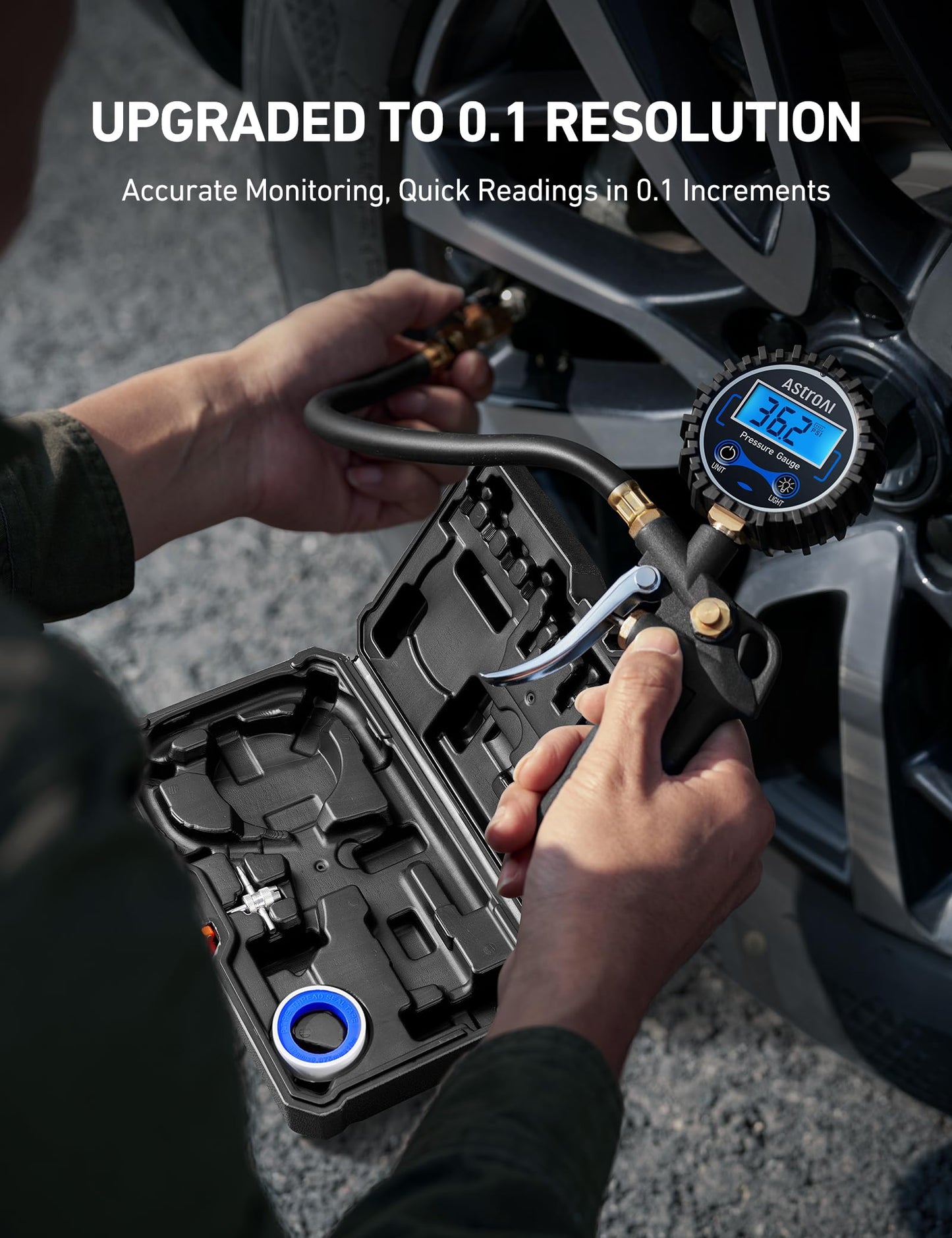 AstroAI Digital Tire Pressure Gauge with Inflator, 3-250 PSI Air Chuck & Compressor Accessories Heavy Duty with Quick Connect Coupler, 0.1 Display Resolution (Standard with Case)