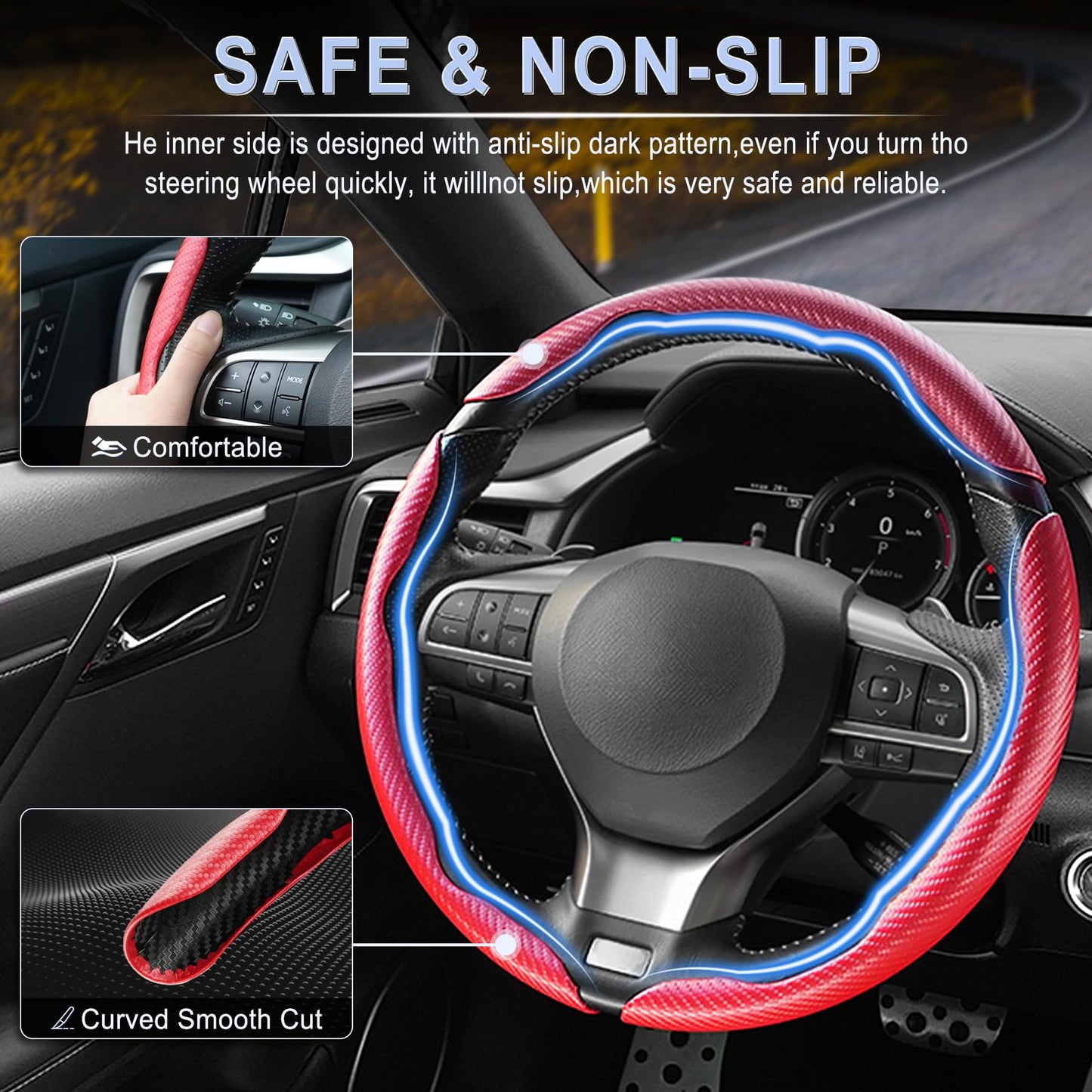 Amiss 3pcs Carbon Fiber Anti-Skid Steering Wheel Cover, Segmented & Butterfly Design, Universal 99% Car Wheel Cover Protector, Red