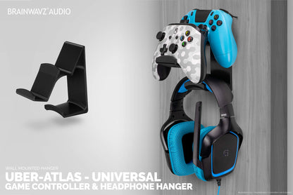 BRAINWAVZ The UberAtlas Dual Game Controller & Headphone Stand Wall Mount Holder for Xbox ONE, Series X, PS5, PS4, PS3, Switch, STEELSERIES Gamepad & More, Stay Organized No Screws