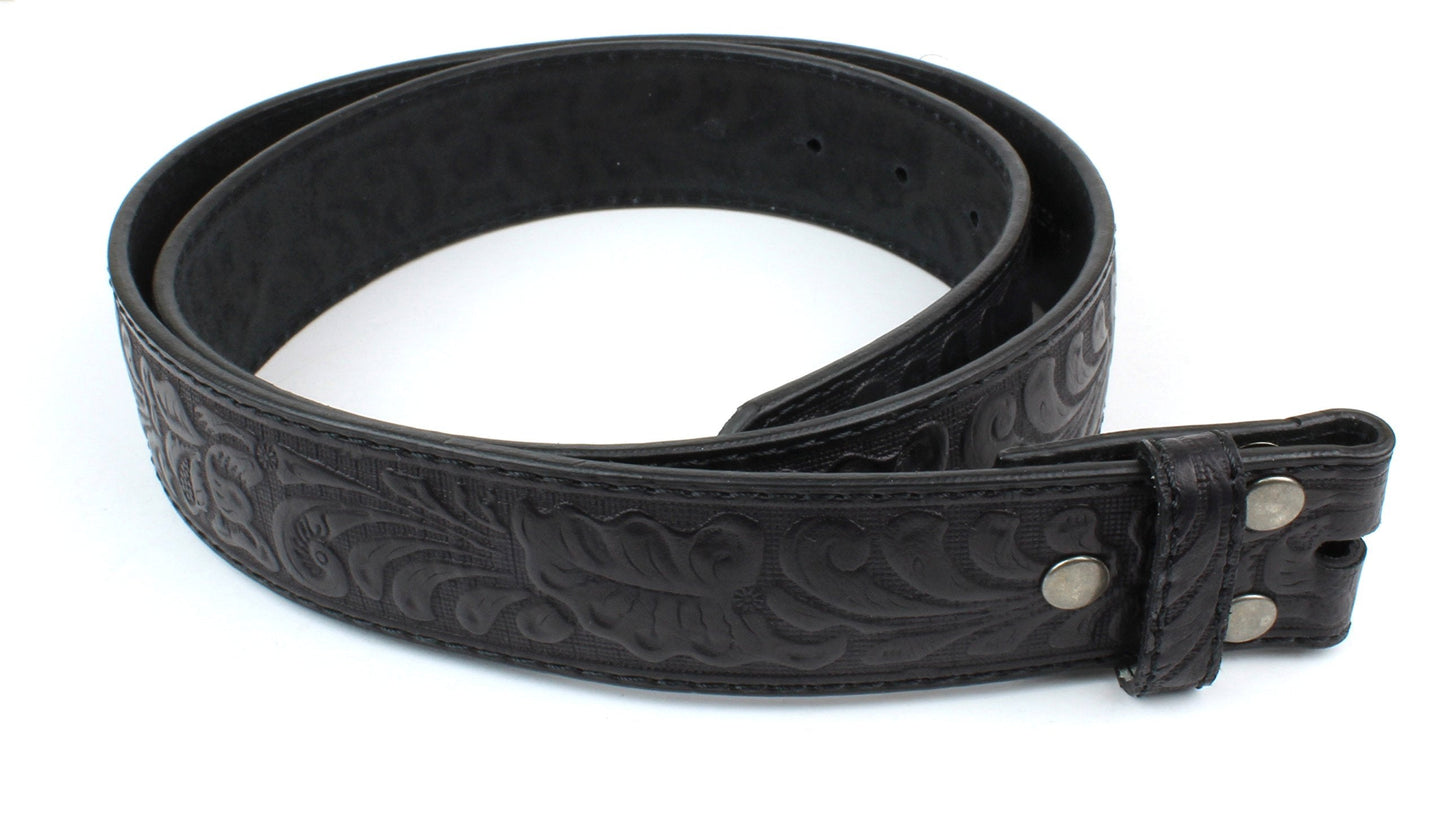 BC Belts Leather Belt Strap with Embossed Western Scrollwork 1.5" Wide with Snaps (Black-XL)
