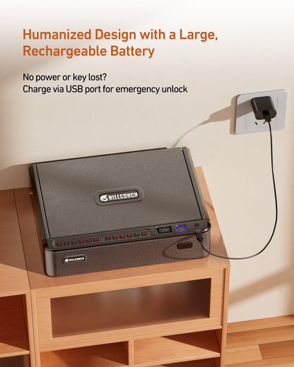 BILLCONCH Smart Gun Safe with Security Cable - Biometric Pistol Safe for Handgun 4 Ways Quick Access with Fingerprint/Keypad/Key/APP Lock, for Nightstand Bedside Home Car with LCD and Voice Guide