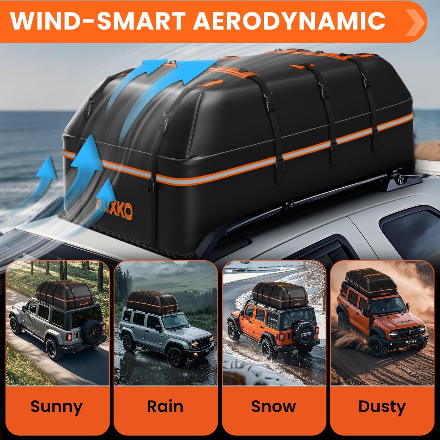 AUXKO 22 Cubic Ft Waterproof Rooftop Cargo Carrier Bag for All Vehicles with/Without Roof Rack, Soft Shell Car Roof Bag with Reflective Strip Includes Anti-Slip Mat, 6 Door Hooks & Combination Lock