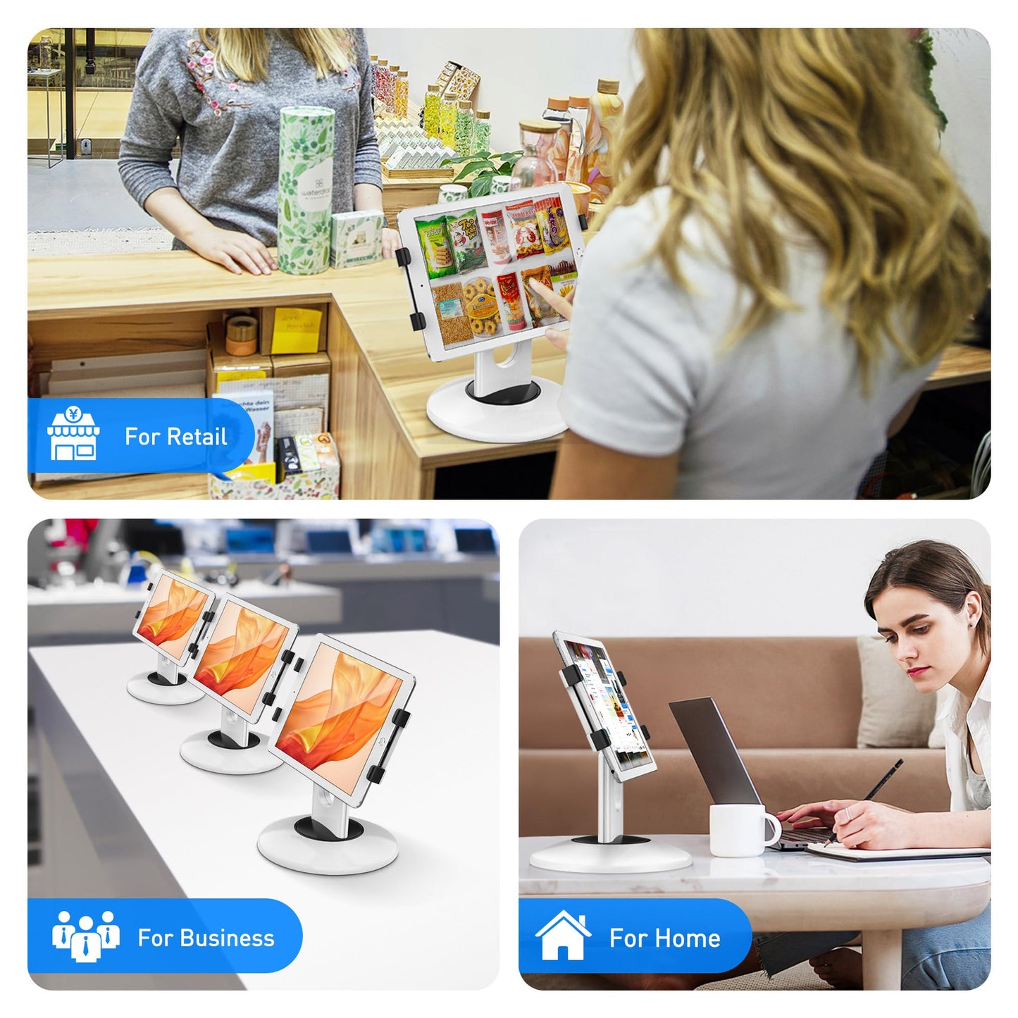 AboveTEK Retail Kiosk iPad Stand, 360° Rotating Commercial POS Tablet Stand, Fits 6"-13" (Screens) iPad mini Pro-Business Swivel Tablet Holder, for Store Office Reception Kitchen Desktop (White)