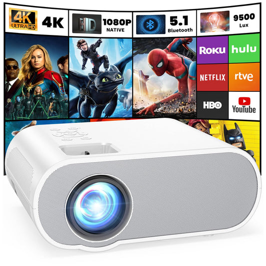 HOMPOW Projector, Native 1080P Full HD Bluetooth Projector with Speaker, Outdoor Portable Movie Mini Projector Compatible with Laptop, Smartphone, TV Stick, Xbox, PS5