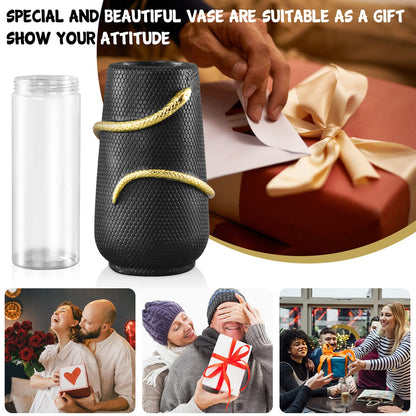 Black Flower Vase Home Decor, Halloween Decor Indoor, Unique Black Vase for Bookshelf Fireplace Bedroom Kitchen Living Room Table Centerpieces Office Desk,Boho Vase, 8" Tall