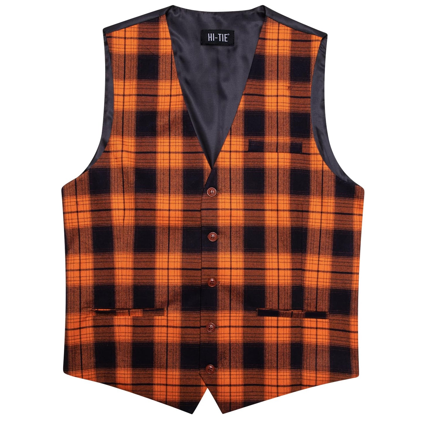 Hi-Tie Orange Black Halloween Suit Vest Mens Slim Fit Plaid Waistcoat 3 Pockets Formal Casual Tuxedo for All Saints' Day