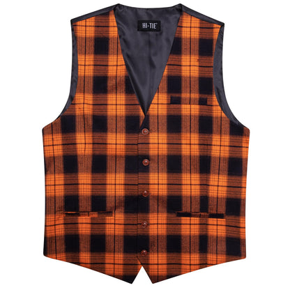 Hi-Tie Orange Black Halloween Suit Vest Mens Slim Fit Plaid Waistcoat 3 Pockets Formal Casual Tuxedo for All Saints' Day