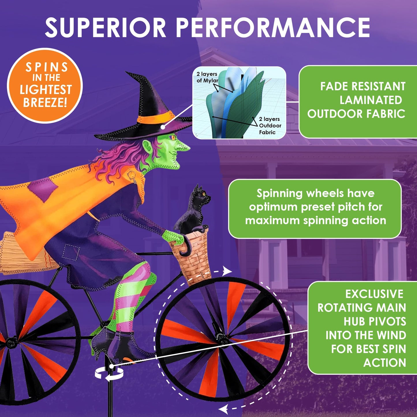 Bike Spinner Witch 20" – Spooky Halloween Design, Weather-Resistant Outdoor Decor, Durable & Lightweight for Patios, Yards, and Gardens - Eye-Catching Wind Spinner with Rotating Wheels