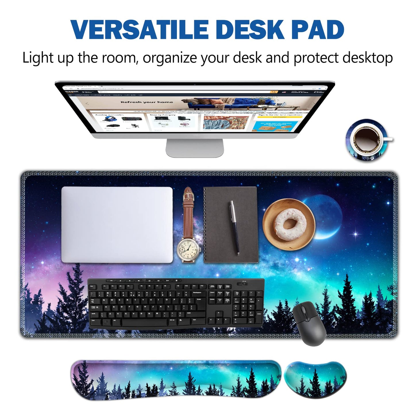 AIMSA Large Gaming Mouse Pad Set, Keyboard Wrist Rest Support + Extended Mouse Pad + Mouse Wrist Cushion + Coaster, Ergonomic Memory Foam Multifunctional Desk Mat 35x15.7inch (Forest Moon Sky)