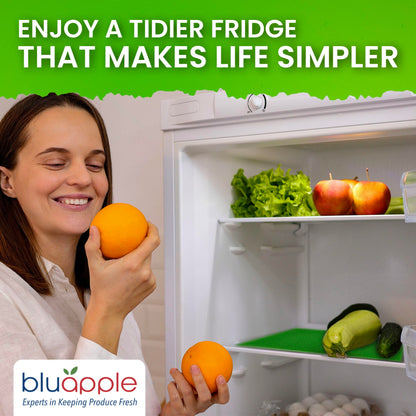 Bluapple FreshMats - Refrigerator Bin Liners, Fridge Drawer Mats - Keeps Produce Fresh Longer, Prevents Bruising, Promotes Air Circulation - BPA-Free Polyurethane Foam - (4-Piece Set, 12"x15", Green)