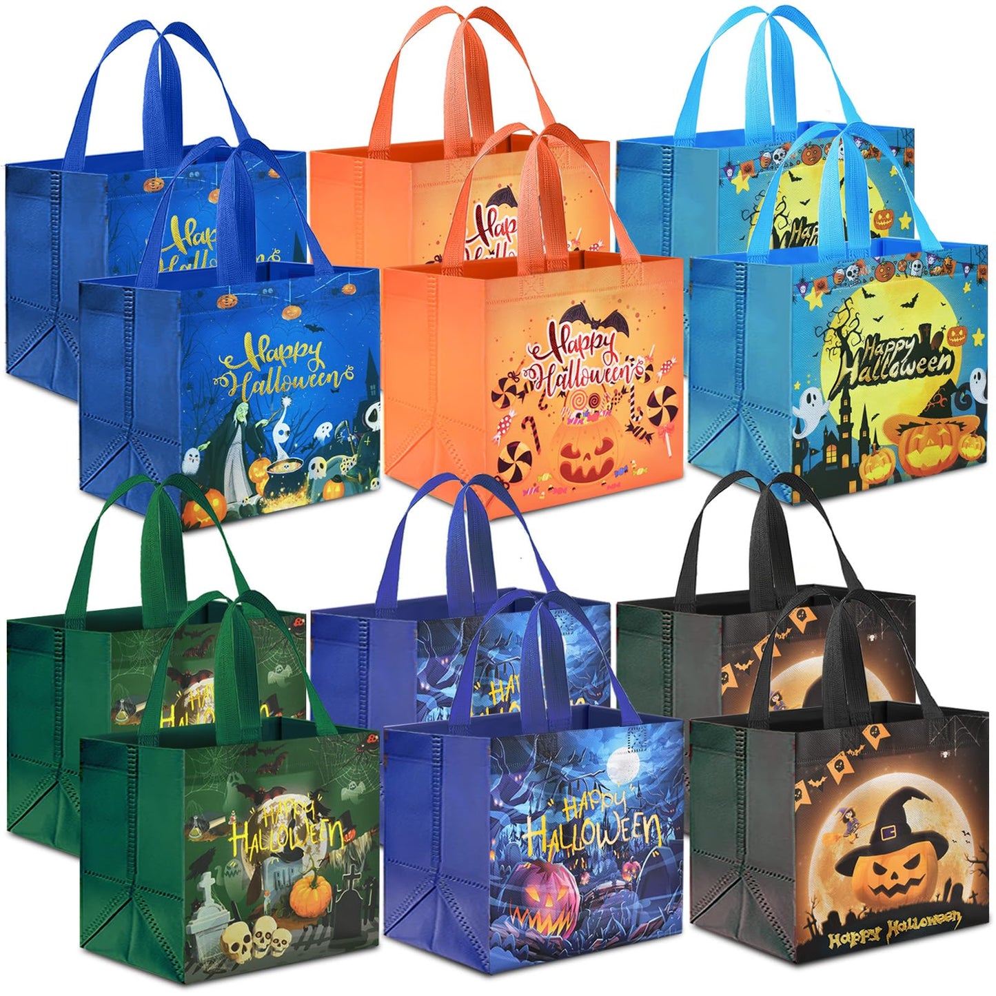 AhfuLife 12 Pcs Halloween Trick or Treat Bags, Candy Tote Bags with Handles, Reusable Non-Woven Gift Bag for Halloween Party Supplies Favors (7.8×7.8×5.9’’)