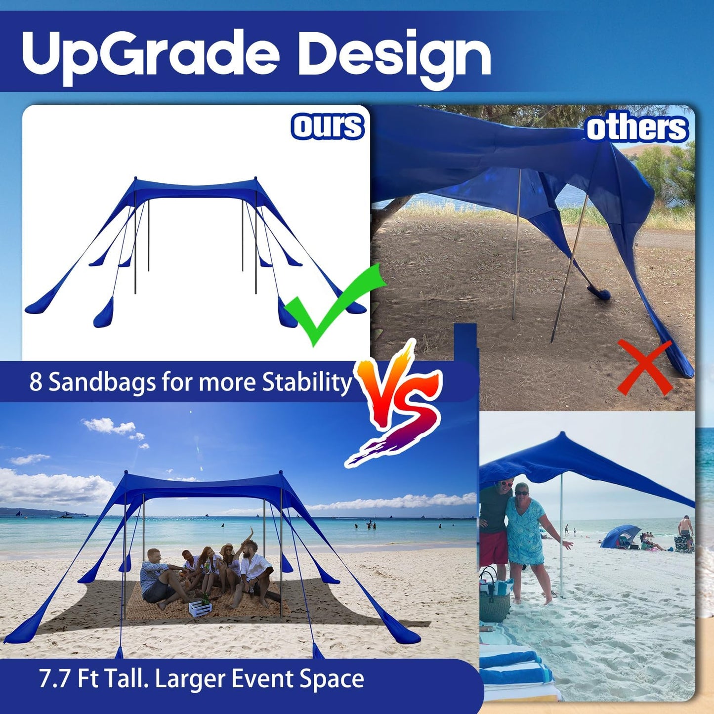 Beach Tent Sun Shelter 10x10FT Beach Shade Canopy with 8 Sandbags, UPF 50+ Protection Beach Shade Canopy, Outdoor Tent for Beach Camping Trips, Fishing, Backyard