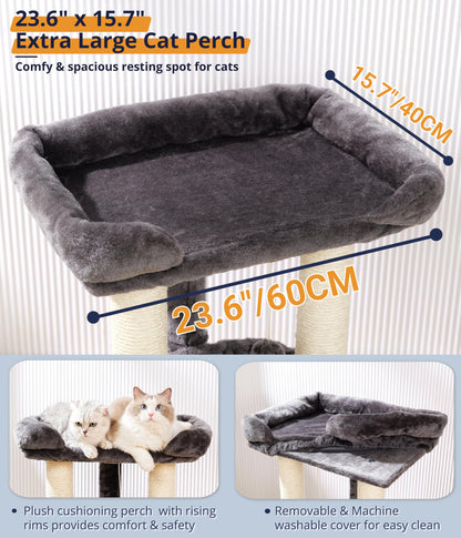 Happi N Pets 28" Cat Tree Tower for Indoor Cats, Tall Cat Scratching Post with Large Bed for Maine Coon Big Cats, Sisal Cat Scratcher with Soft Perch & Hammock, Stable Cat Stand, Removable Cover-Gray