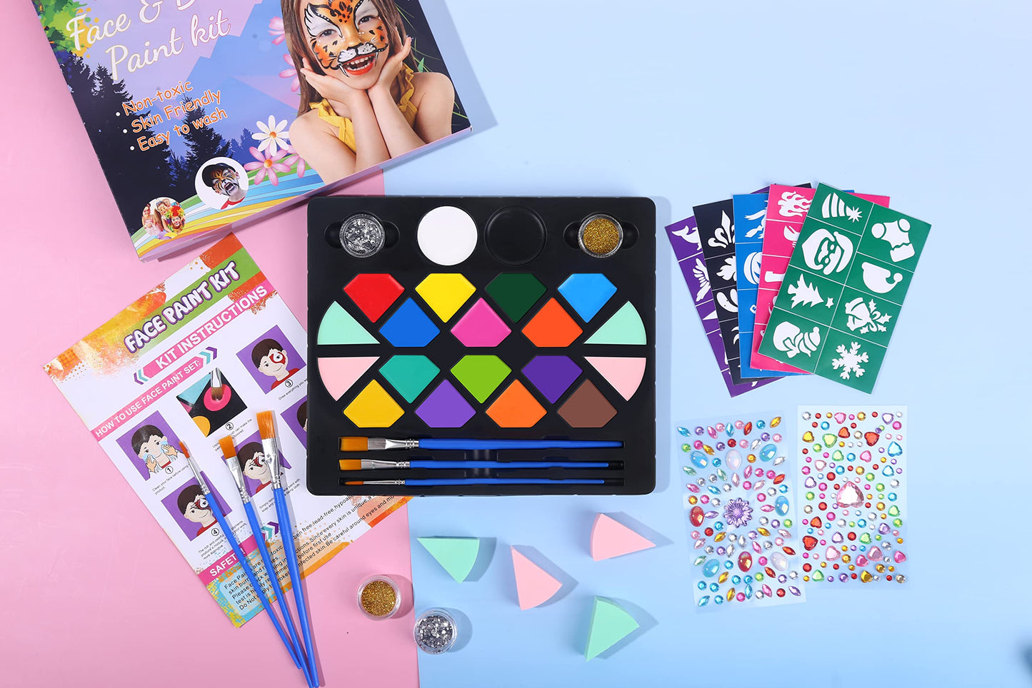 BOBISUKA Face Painting Kit for Kids - 16 Colors Water Based Body Face Paint Includes Brushes,Sponges,Glitters,Gem Sheet,Instructions,Stencils for Halloween Party Costume SFX Makeup