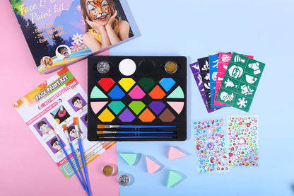BOBISUKA Face Painting Kit for Kids - 16 Colors Water Based Body Face Paint Includes Brushes,Sponges,Glitters,Gem Sheet,Instructions,Stencils for Halloween Party Costume SFX Makeup