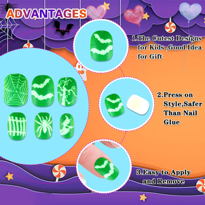 JANYUN Halloween Luminous Kids Fake Nails, 192 PcsGlowing Short Glow in Dark False Nails with Pumpkin Spider Bat for Girls Nail Art Party Decoration (Halloween Luminous)