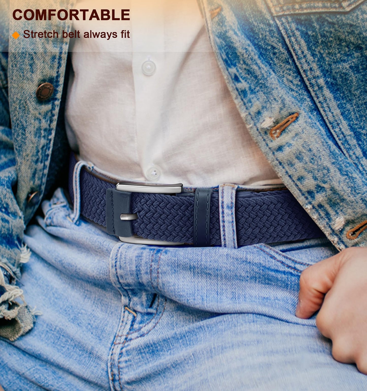 BULLIANT Stretch Belt Men,Mens Gift Woven Braided Web Belt 1 3/8 for Golf Casual Pants Shirts Jeans(Antique Blue,36"-40" Waist Adjustable)