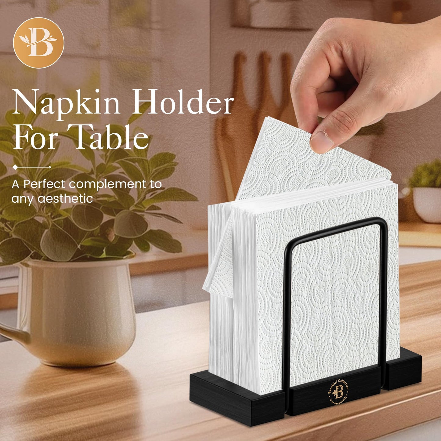 Black Napkin Holder for Table - Modern Napkin Dispenser, Bamboo and Iron Design, Non-Slip, Suitable for Kitchen, Dining, Farmhouse, Cocktail, Picnic, Bar, Outdoor Use - Holds Paper Napkins, Mail, Bill