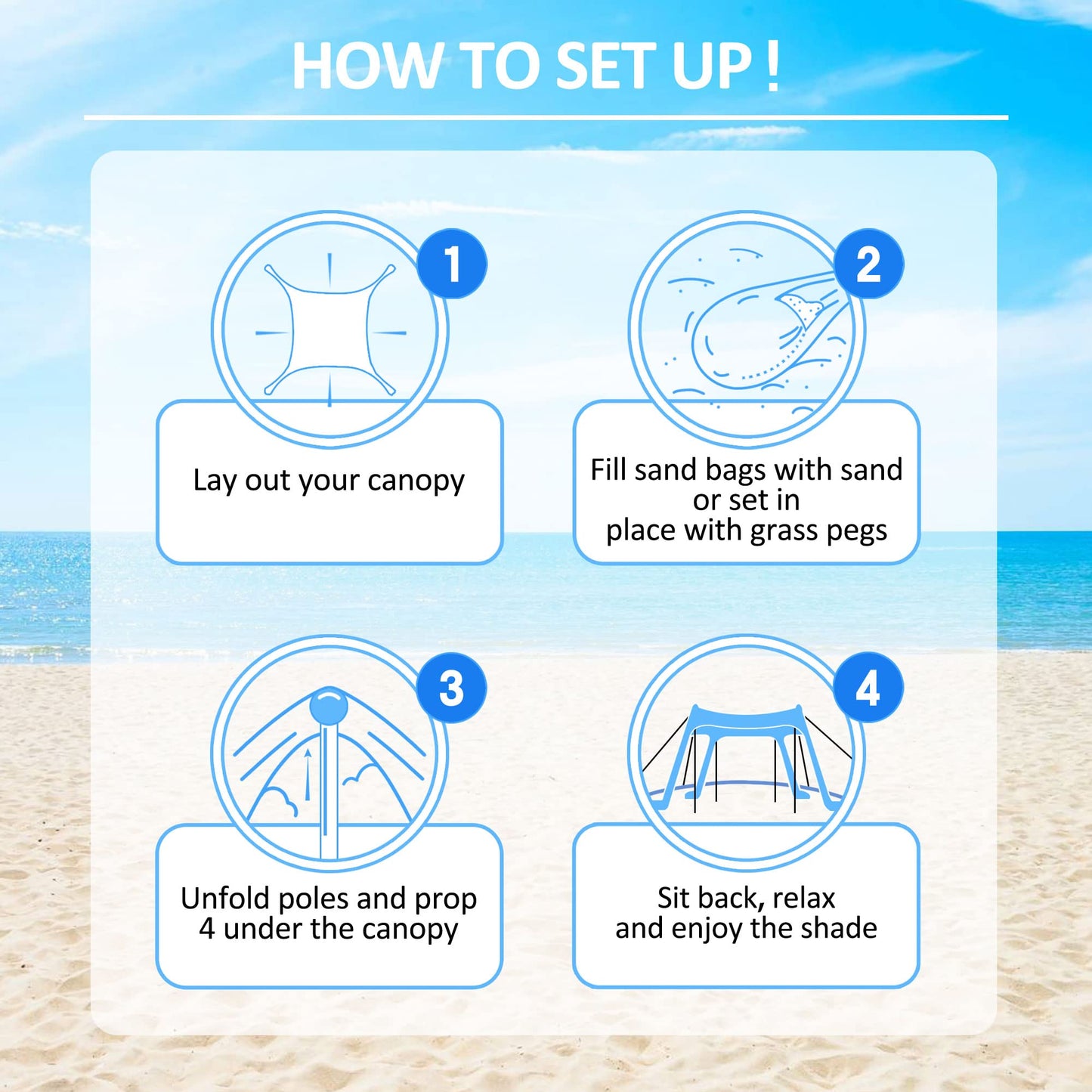 Beach Tent Sun Shelter with UPF 50+ UV Protection, Beach Canopy Sun Shade 11x11 FT with Sandbags, Poles and Ground Pegs and Anti-Wind Ropes, Pop Up Tent for Camping, Backyard and Picnics