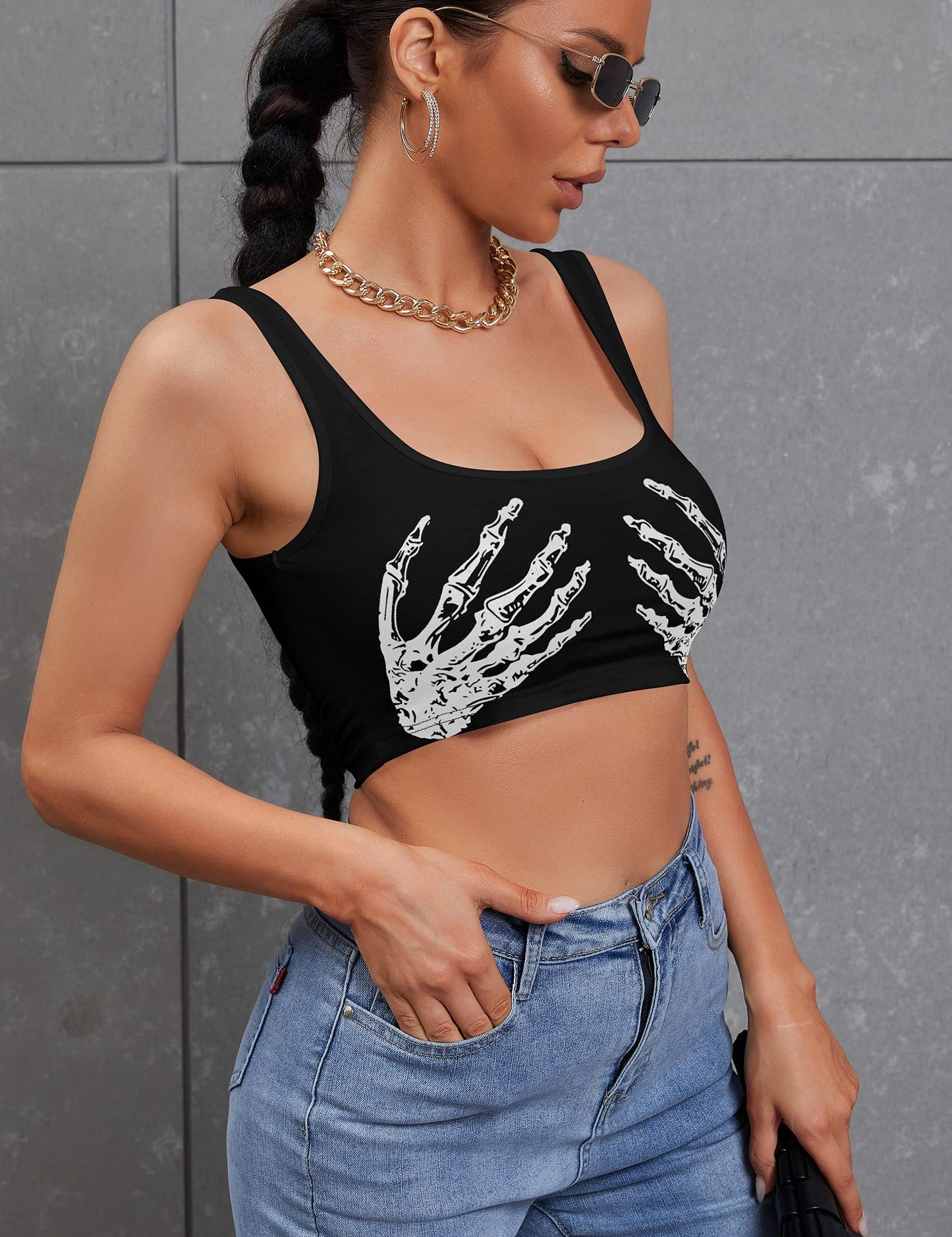Women's Sexy Skeleton Skull Hand Print Sleeveless Funny Halloween Crop Tank Top Shirts,Medium,Black Hand