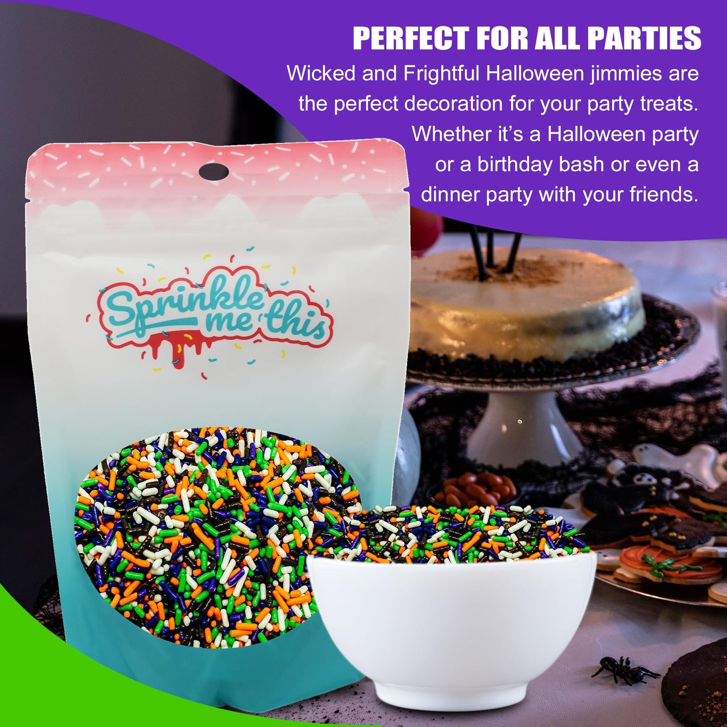 Wicked and Frightful Mix - Orange White Black Purple and Lime Green Halloween Jimmies - Cake Pop Cookie Cupcake Cakes Semi-Sweet Edible Confetti Decorations Sprinkles Dessert Jimmies Toppers - 4 Oz
