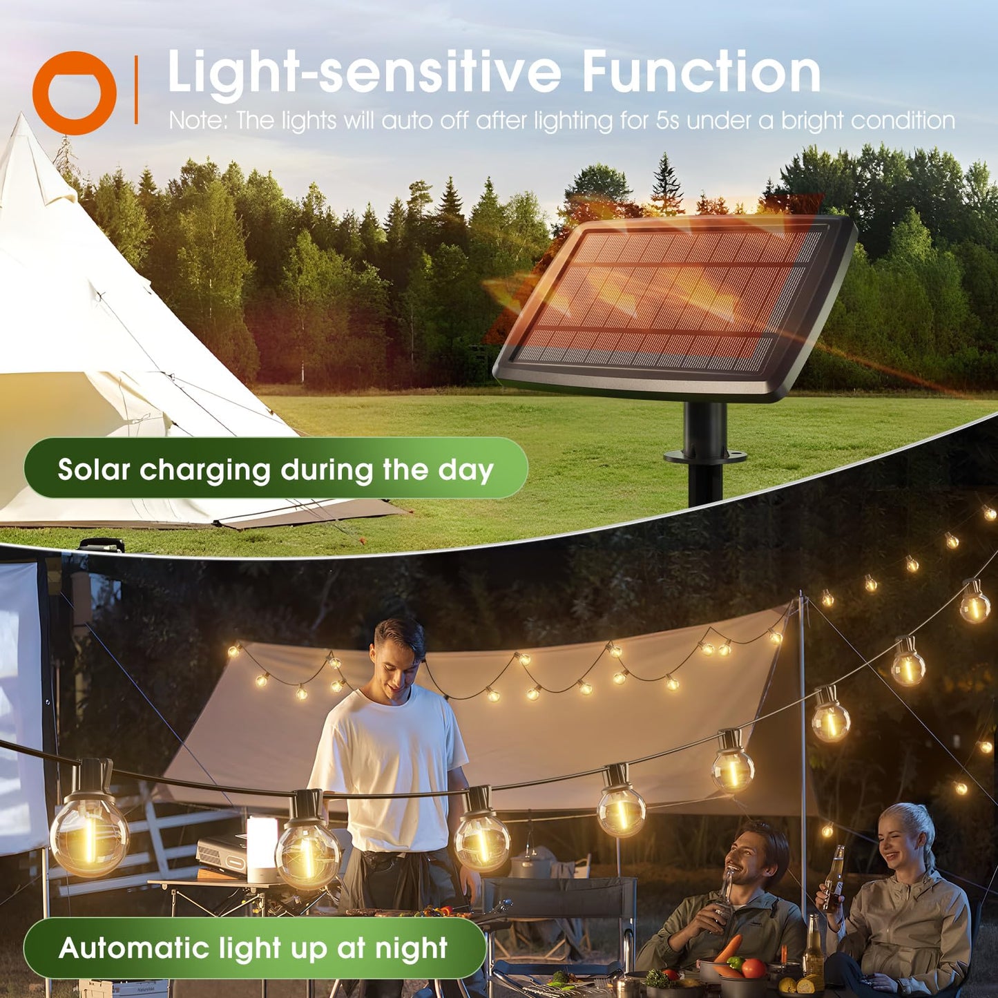 addlon 56FT(50+6) Solar String Lights Outdoor with Remote, 27 Shatterproof G40 Bulbs, Solar Powered & USB Charging Patio Lights, Dimmable Waterproof Solar String Lights for Outside, Camping, Backyard