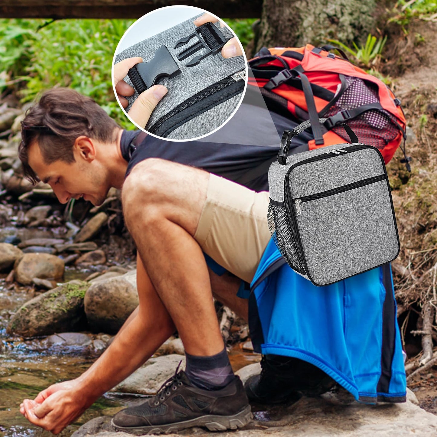 IWTTWY Insulated Lunch Bag, Leakproof Portable Lunch Box for Women Men Boys Girls, Large Capacity Cooler Bag with Handle and Bottle Pocket for Office School Camping Hiking Outdoor Beach Picnic (Grey)