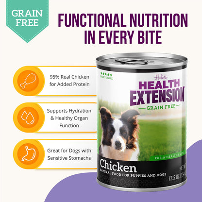 Health Extension 95% Chicken Entrée Wet Dog Food Grain-Free – 5.5 oz – Protein-Rich Formula, Hydration Support, Ideal for Sensitive Stomachs (Case of 24 Cans)
