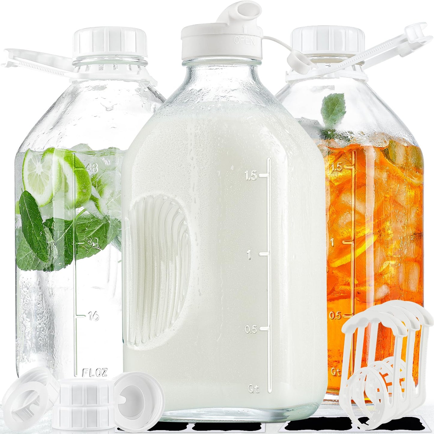 3 Pack 2 Qt Glass Water Bottles with Handle and Airtight Reusable SCREW LID - 64 Oz Juice Jugs, 1/2 Gallon Glass Milk Container for Fridge, Breast Milk Jug Pitcher with Scales, Extra Lids & Handles