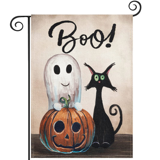 Hogardeck Halloween Garden Flag, Boo Garden Decorations Outdoor, Burlap Double Sided Vertical Halloween Porch Decor, Yard Flag Signs 12.5 x 18 Inches