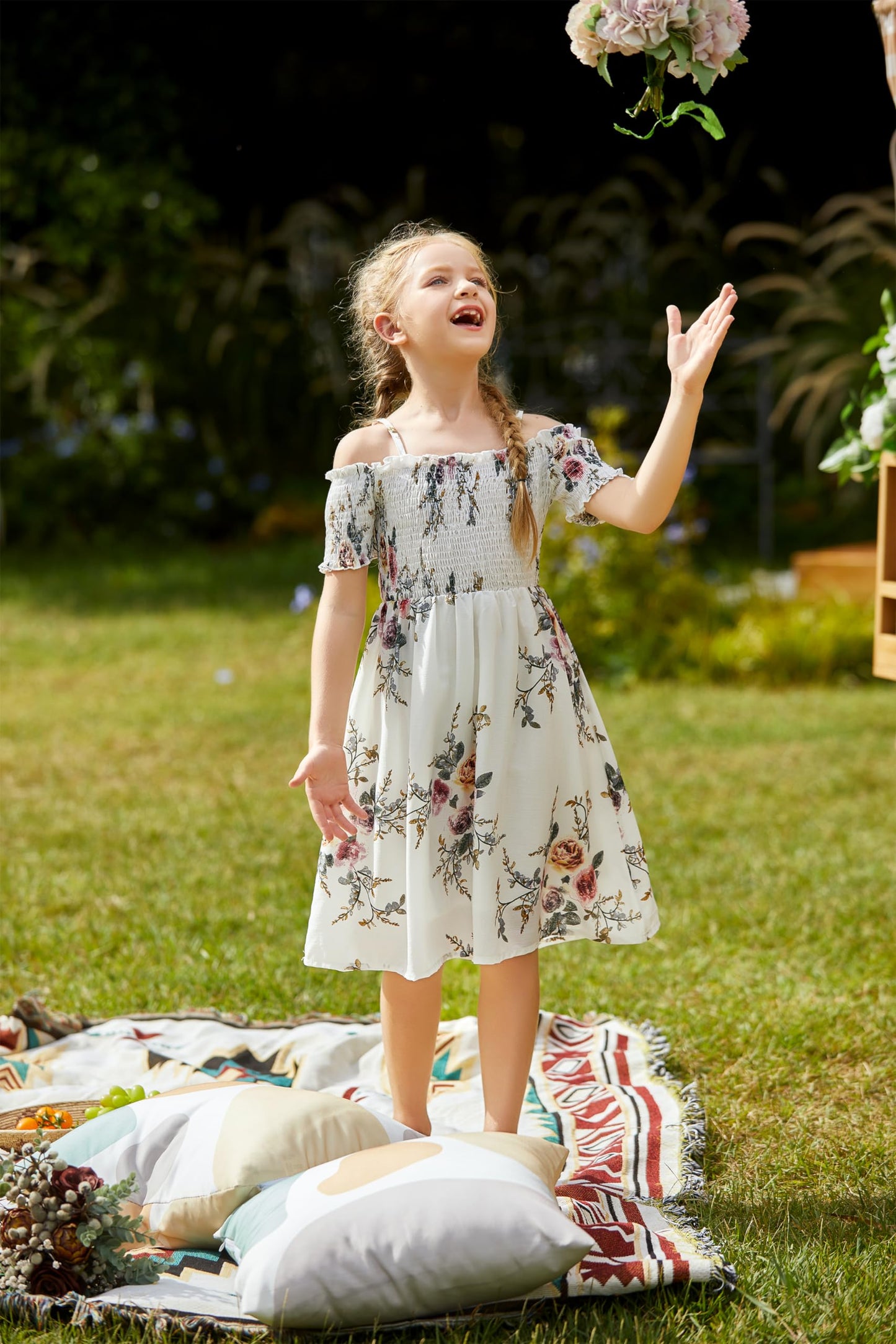 Arshiner Girl Short Sleeve Floral Print Cute Casual Fit and Party Dress White for 12-13 Years
