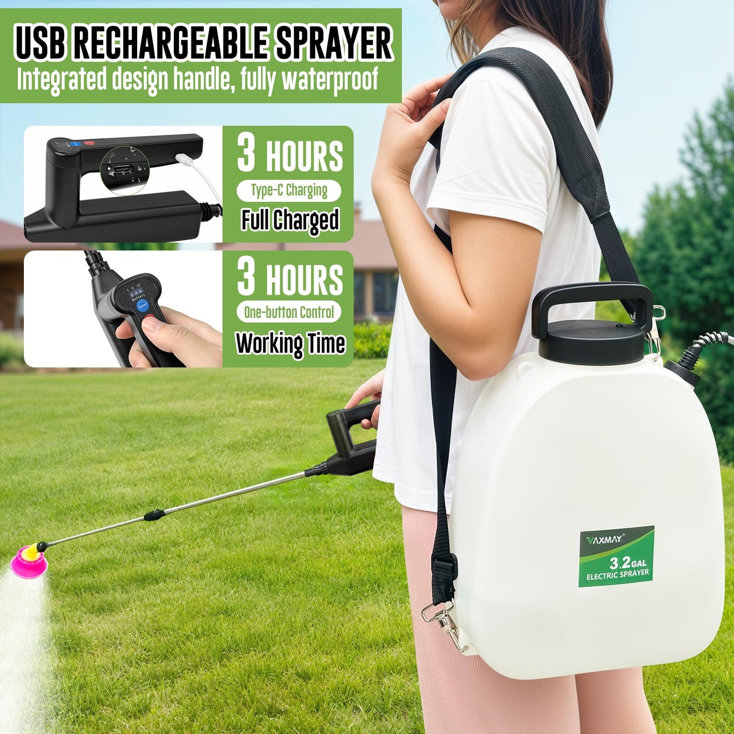 Battery Powered Sprayer 3.2 Gallon, VAXMAY Backpack Sprayer with 3 Adjustable Speeds, Battery Indicator, 5 Mist Nozzles, 41" Retractable Wand, USB Rechargeable Weed Sprayer for Lawn Garden Yard