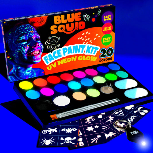 Blue Squid UV Neon Face and Body Paint Glow in the Dark Face Paint Kit 20 Colors Black Light with Stencils, Book - Safe for Sensitive Skin, Non-Toxic UV Painting Professional Accessories Kids Adults