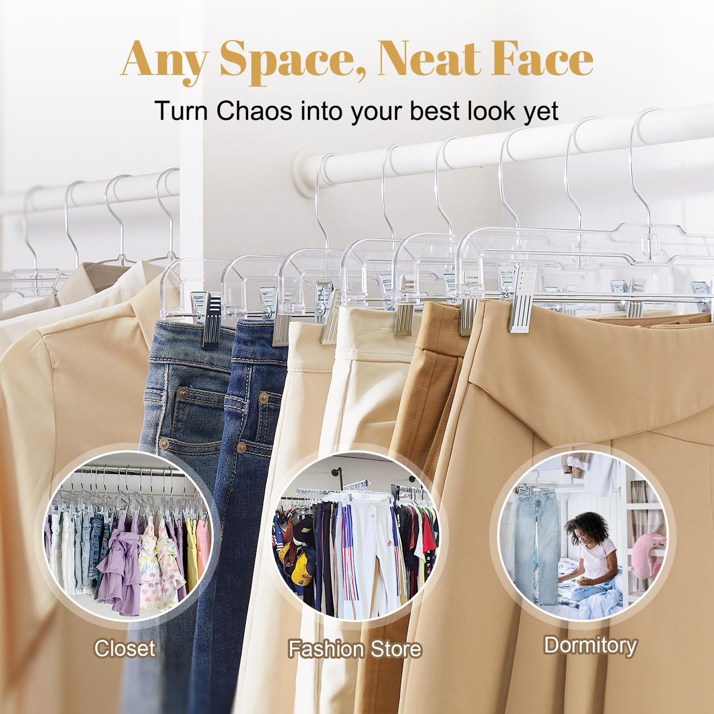 HOUSE DAY 12 Pack 14 inch Clear Plastic Skirt Hangers with Adjustable Clips, Pants Hangers 360-Rotating Swivel Hook, Clip Hangers for Pants, Trousers, Skirts, Jeans, Bulk Plastic Hangers