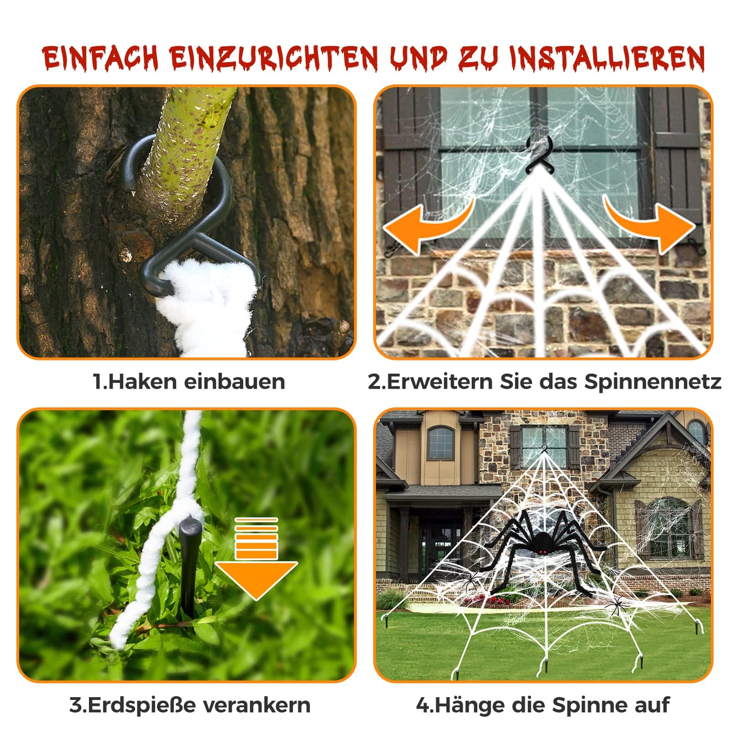 BOSONER Halloween Decorations Outdoor Spider Webs: 1Pcs Giant Spiders - 200'' Triangular Web with Hook - Stretch Web and Ground Stakes for Large Halloween Decor and Haunted House Decoration