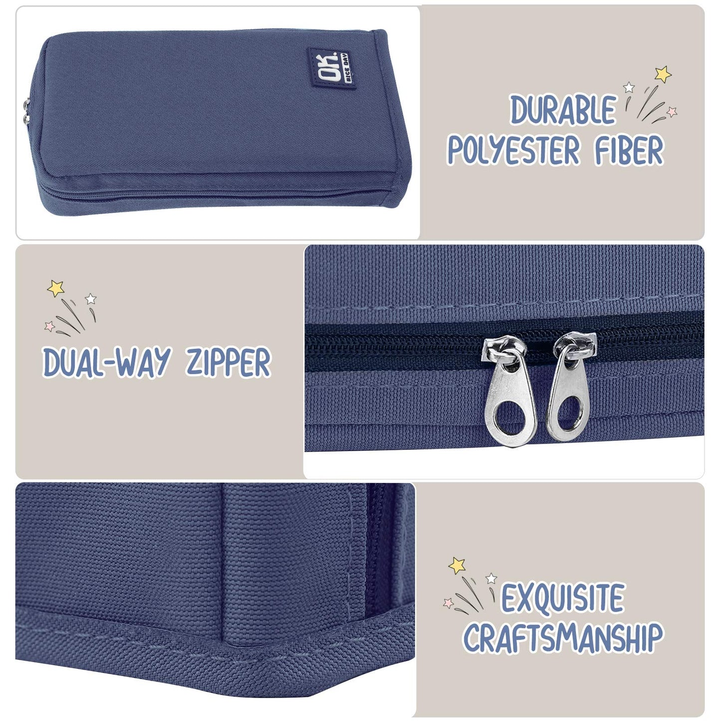 Housolution Standing Pencil Case Large Capacity Pen Bag, Multi-Layer Pen Pouch Pencil Holder Stationery Organizer, Polyester Pencil Bag Storage Box Desk Organizer, Blue