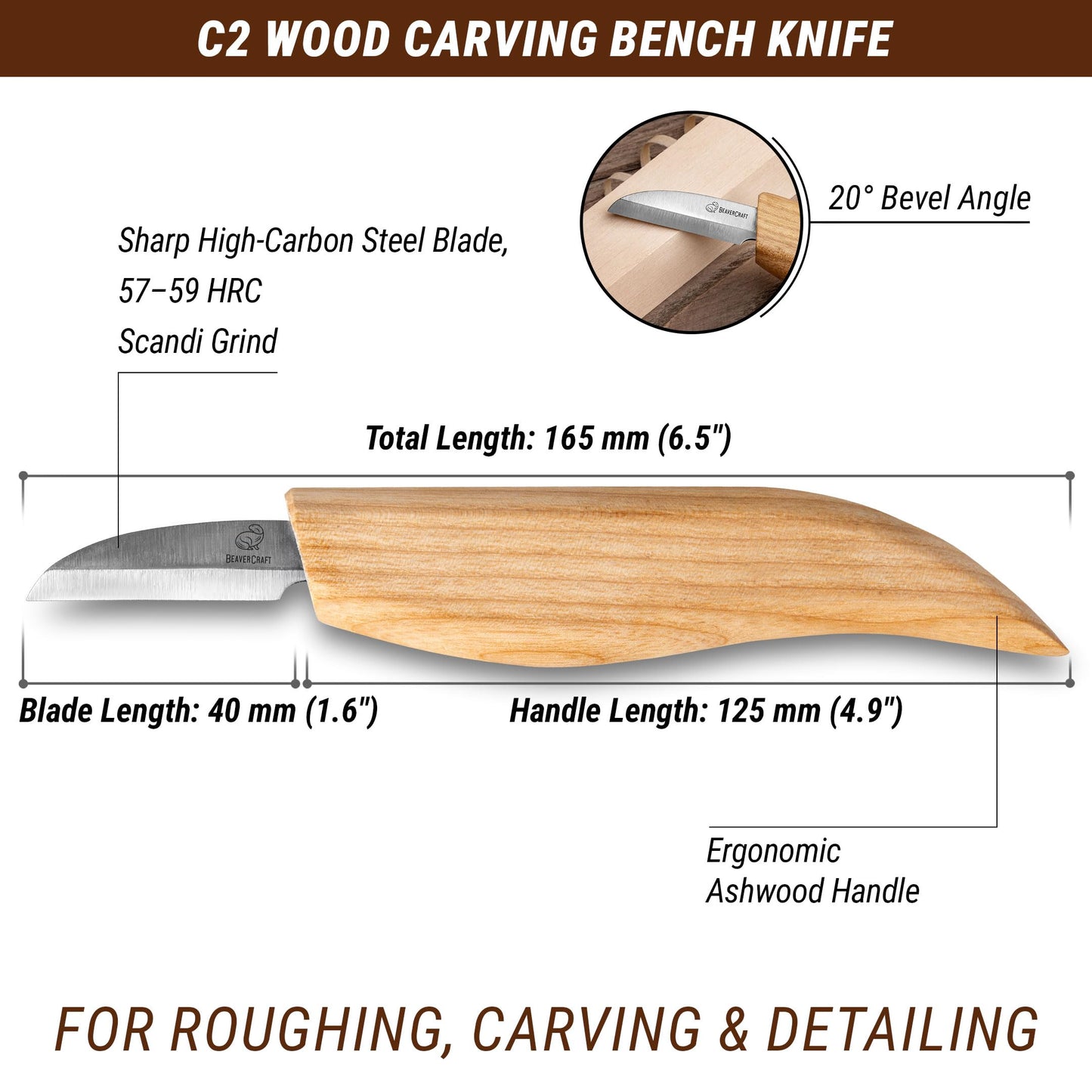 BeaverCraft Whittling Knife C2 6.5" - Wood Chip Carving Knife for General Purpose - Detail Whittling Knives Carbon Steel - Wood Carving Tools for Beginners