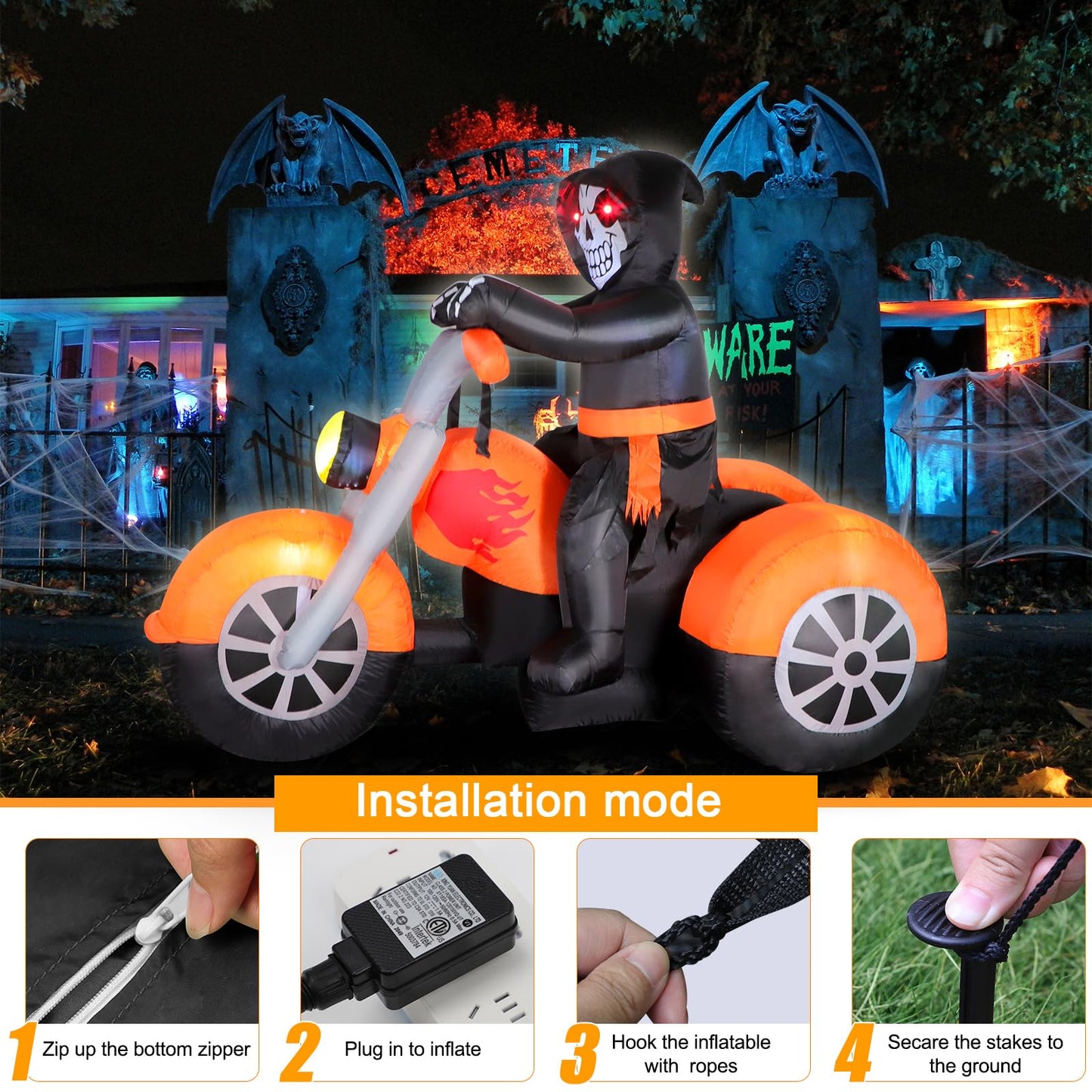 6 FT Halloween Inflatable Skeleton Ghost Riding on Motorcycle Bike, Blow Up Outdoor Decoration Clearance with Built-in LED Lights for Yard Garden Lawn Home Party Decorations